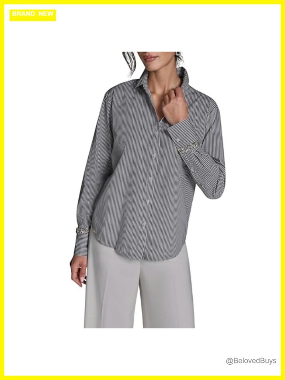 BCBG Womens Long Sleeve Button Down Shirt with Rhinestone Cuffs Striped